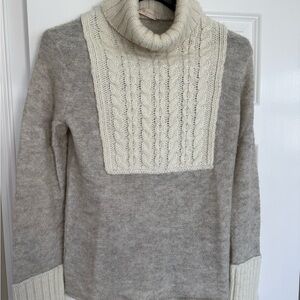 Tory Burch Two-Tone Cable Bib Turtleneck Sweater in Cream and Light Gray